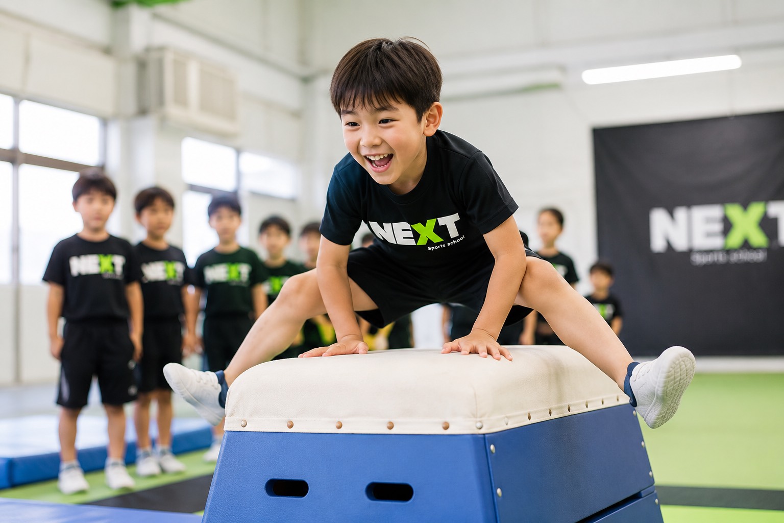 西予市近郊の幼児向け体操あそび教室で跳び箱に挑戦する子ども