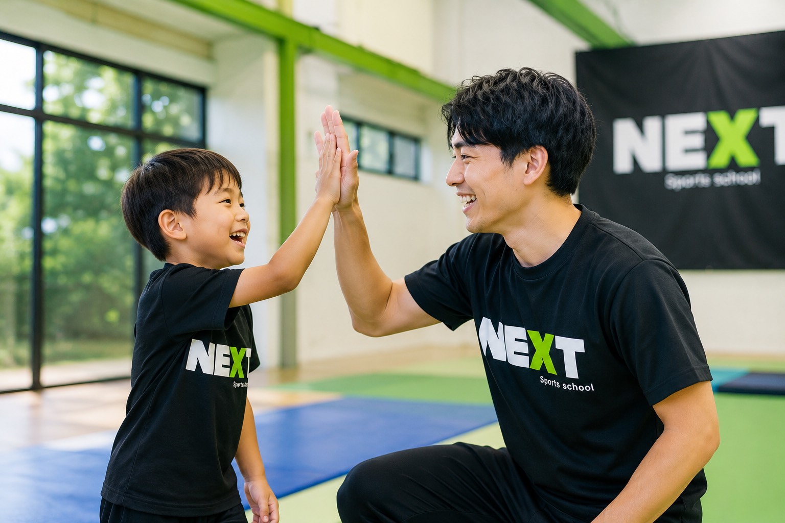 現役保育士のうー先生と笑顔でハイタッチして喜ぶ子ども