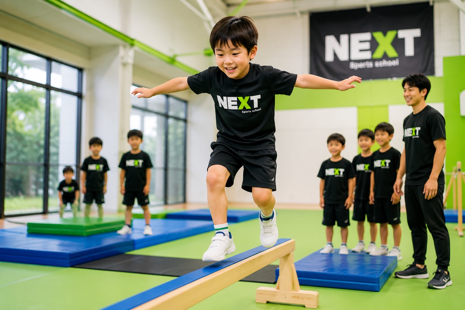 宇和島・西予市の子ども運動教室で平均台を元気に渡る様子