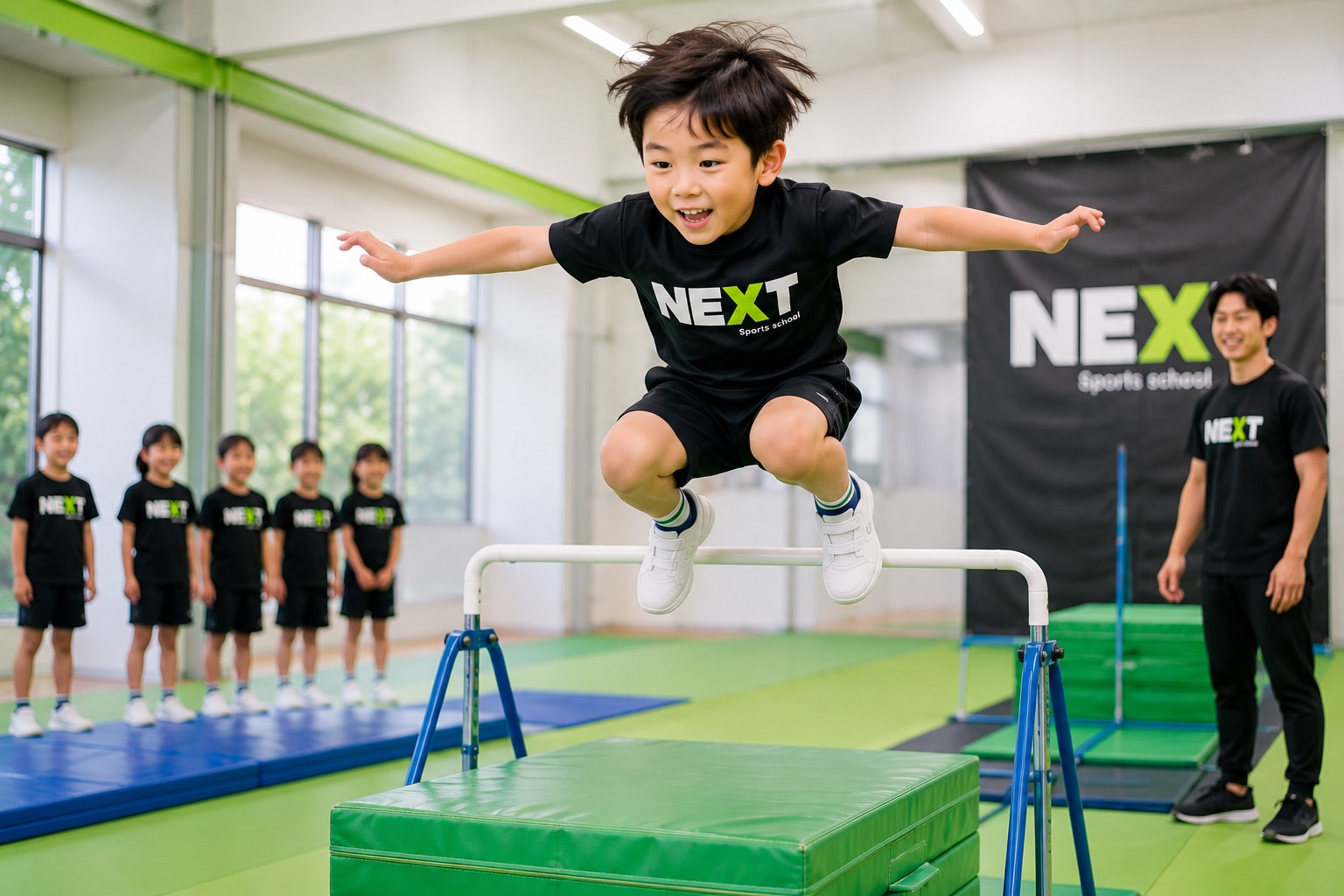 高いジャンプにチャレンジして運動能力を伸ばす体操教室の子ども